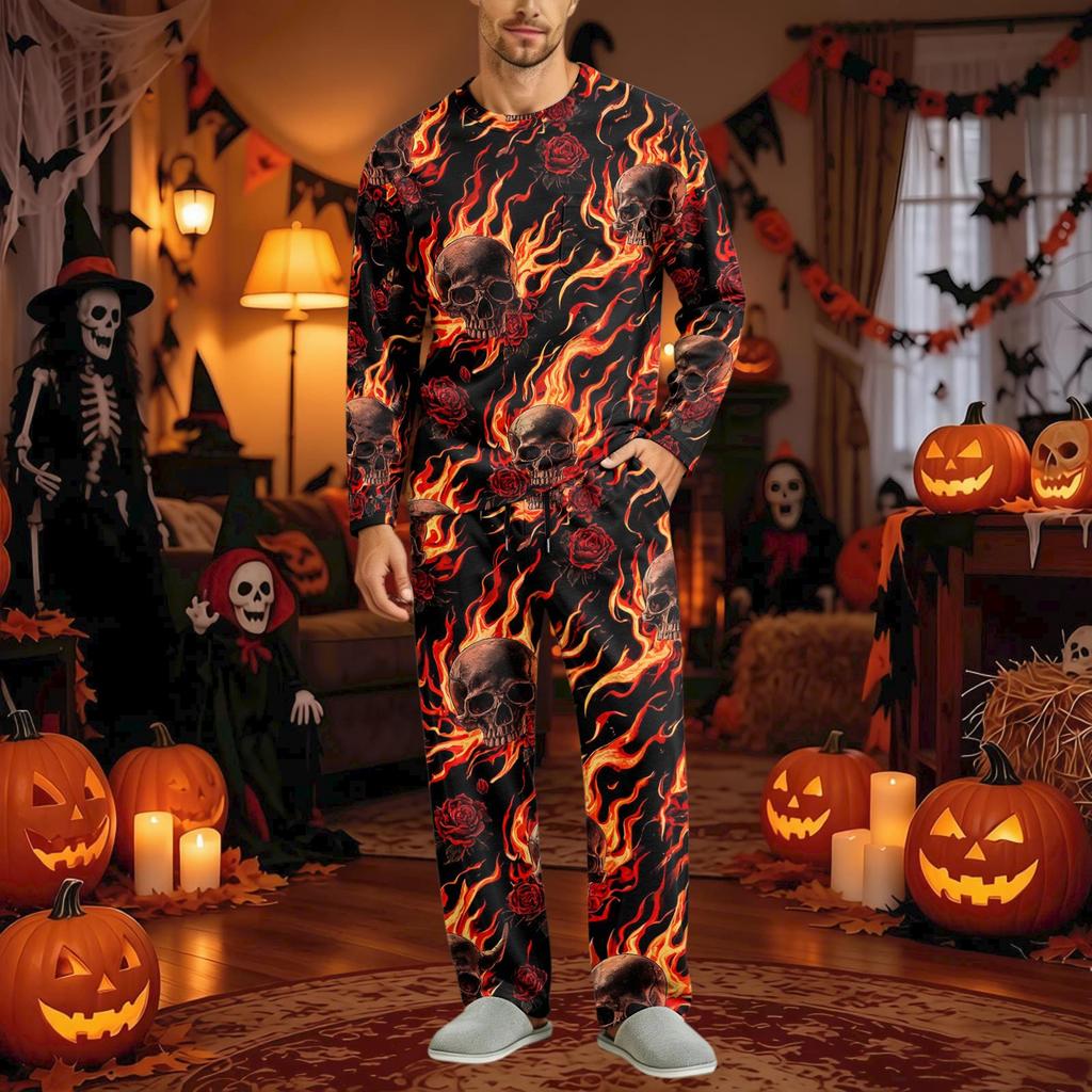 Men's Halloween Pajama Set Long Sleeve with Buttoned Crotch and Elastic Drawstring Waist Sleepwear