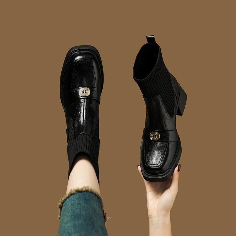 CM British Style Square Head Thick Heel Medium Tube Socks Boots Autumn and Winter New Metal Buckle Elastic Retro Versatile Thin