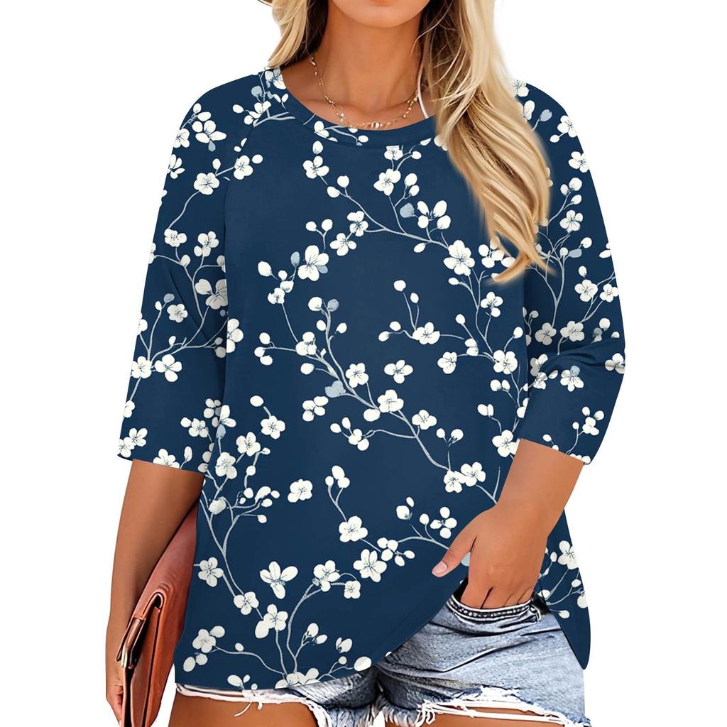 Women's Fashion Casual Print Round Neck 3/4 Sleeve T-Shirt Top
