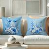 4Pcs Blue Floral Bird Throw Pillow Covers - Sky Blue Cushion Cases With Flying Birds, Roses, Daisies, Hydrangeas - Zipper Closur