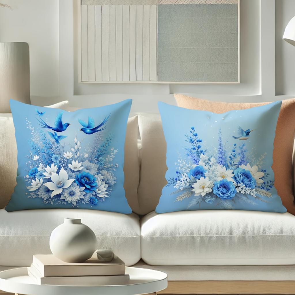4Pcs Blue Floral Bird Throw Pillow Covers - Sky Blue Cushion Cases With Flying Birds, Roses, Daisies, Hydrangeas - Zipper Closur