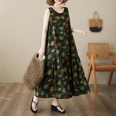 DIMANAF Übergröße Kleid Sommer Damen Vintage Leinen Eleganter Stil Ärmellos Floral Locker Neu Langes Kleid 8030
