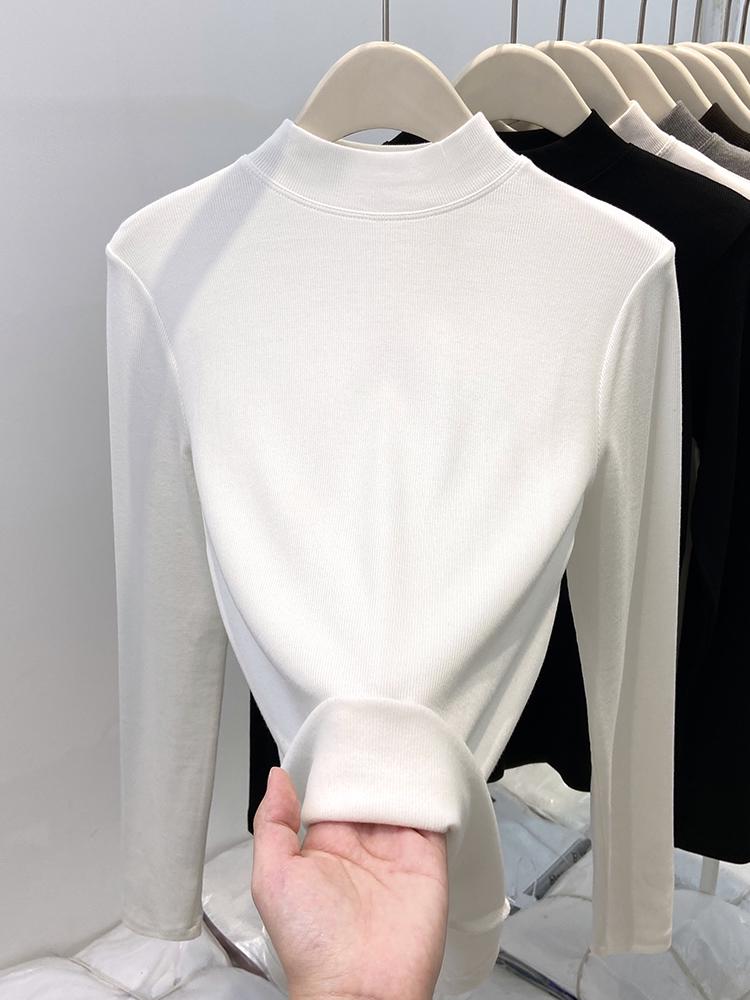 Autumn/Winter 2025 Women's Ribbed Half-High Neck Velvet-Lined Base Layer Shirt with Stand Collar