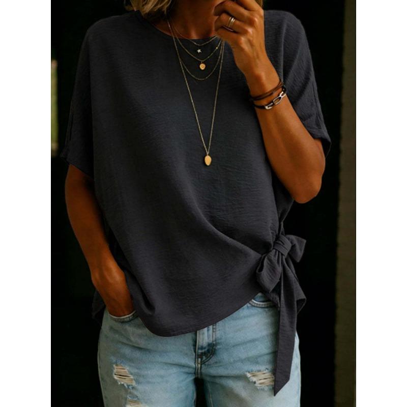 Women's new summer solid color short-sleeved hem knotted loose T-shirt top