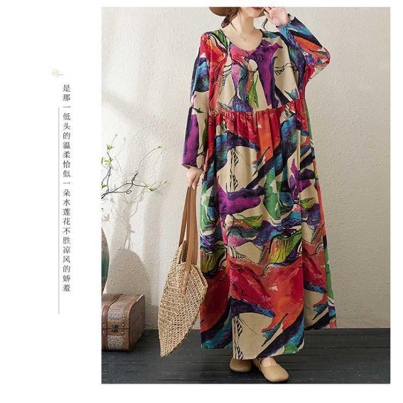 Round Neck Loose Plus Size Literary Plus Long Sleeve Dress