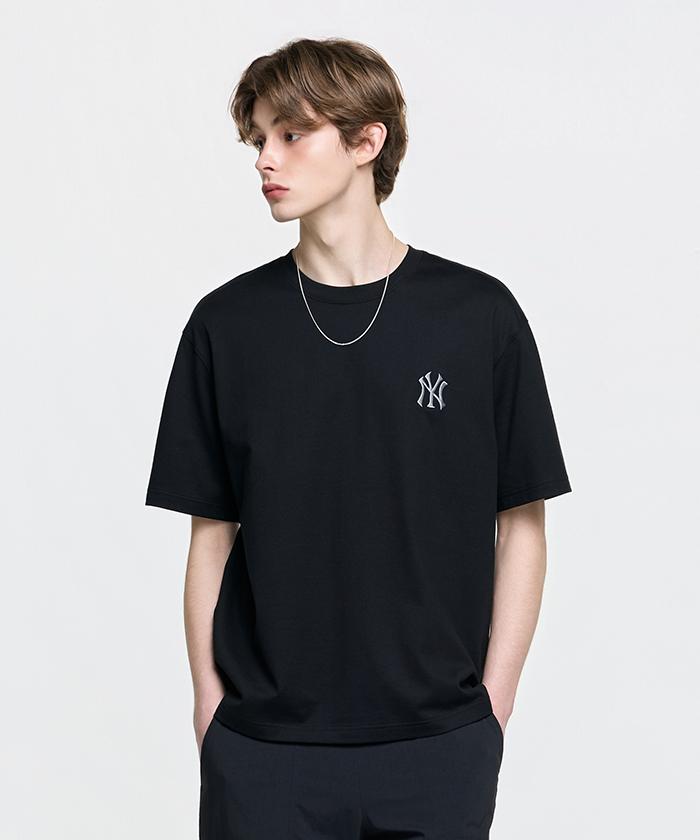 Emelbi Vintage Denim-Like Monogram Big Lux Oversized Short Sleeve T-Shirt Ny (Black)