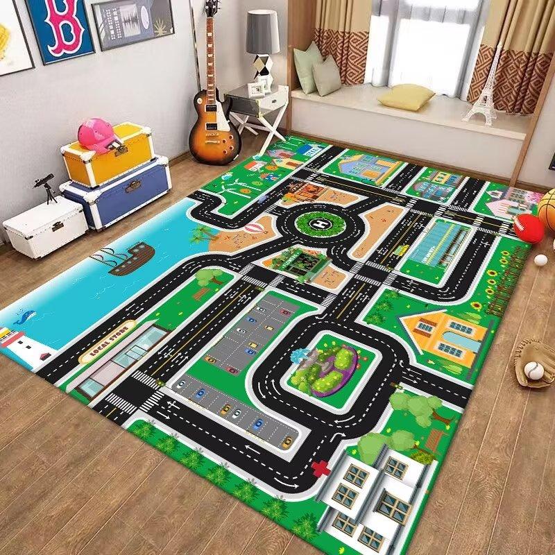 Waschbarer Frühbildungs-Teppich für Kinderzimmer Weiche Stoff-Spielmatte mit Verkehrswegen Puzzle-Design