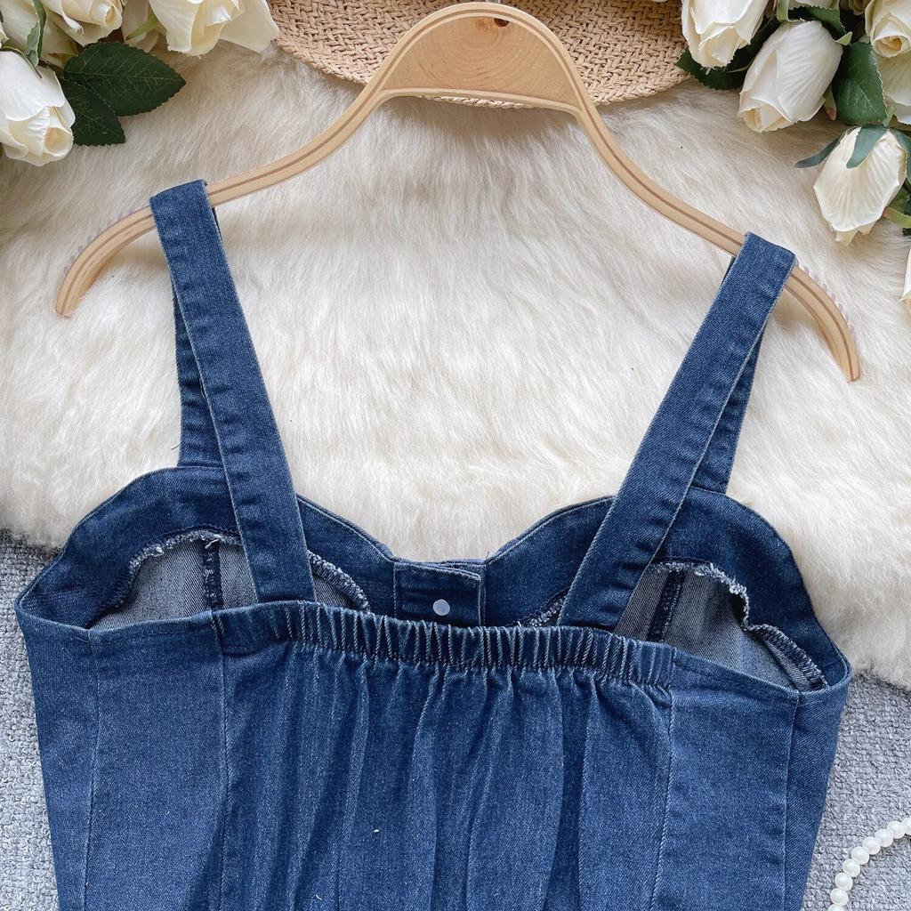 Hongkongský styl Retro Džínový top Dámský Design Jednořadé Slim fit Krátký Pupík Sexy Gyaru Sle Cami Móda