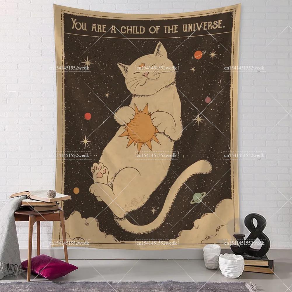 Sun Moon Tarot Tapestry Wall Hanging Boho Tarot Cat Kawaii Room Decor Psychedelic Hippie Tapestry Kids Room Bedroom Art Posters