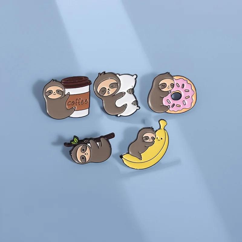 Lazy Cute Sloth Enamel Pin Cartoon Coffee Donut Banana Pillow Lapel Brooch Backpack Clothes Badge Decorative Metal Jewelry Gifts