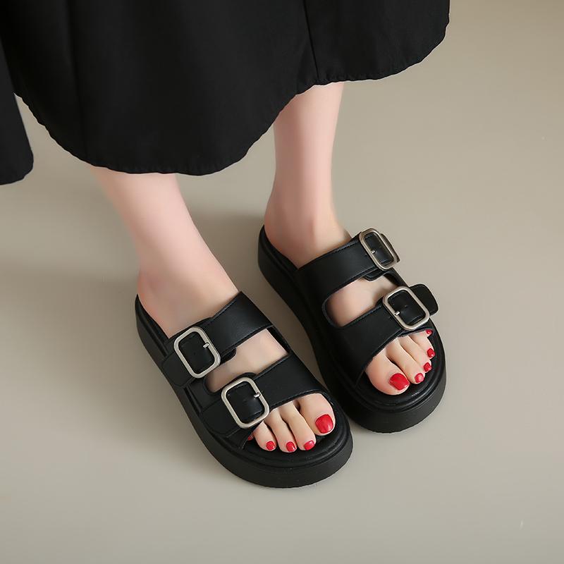 Women's Platform Slide Sandals Cork Footbed Open Toe Adjustable Flat Sandals Comfort Slip On Slippers for Summer