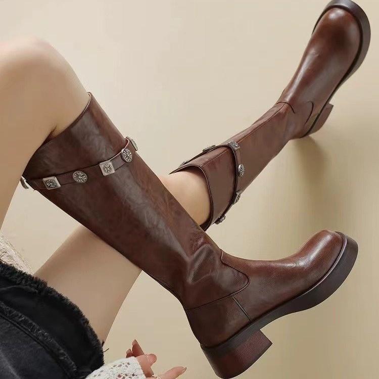 

Женские ботфорты на массивной платформе, панк, кожаные, длинные, женские туфли на высоком каблуке, новые осенне-зимние ботинки в стиле рыцаря, мотоциклетные ботильоны 40 коричневый