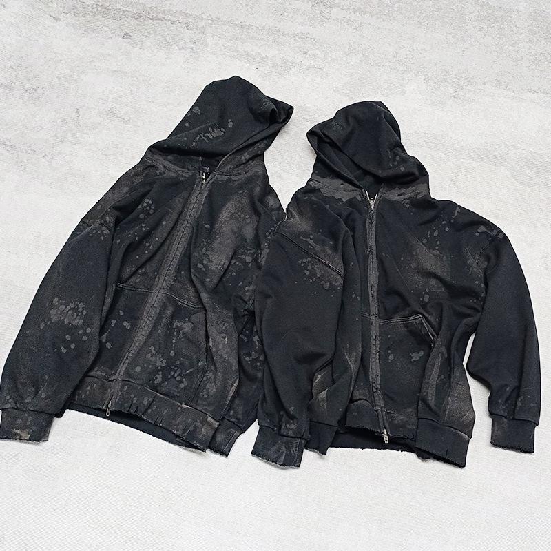 23SS Schwarz Schlammgefärbt Used Reißverschluss Kapuzenpullover Jacke