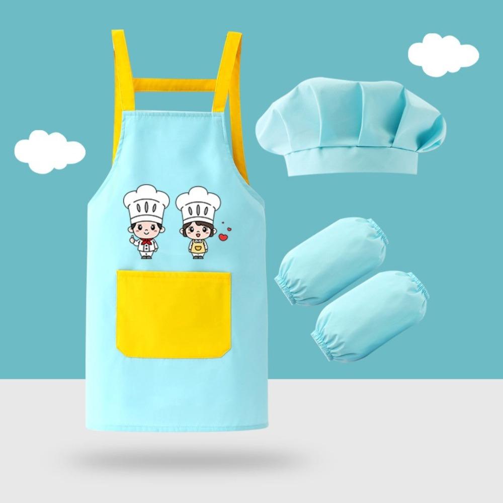 

3pcs/set Washable Kids Painting Apron Cartoon Waterproof Apron Arm Sleeve Hat Painting Activities 140(130-150cm) синий