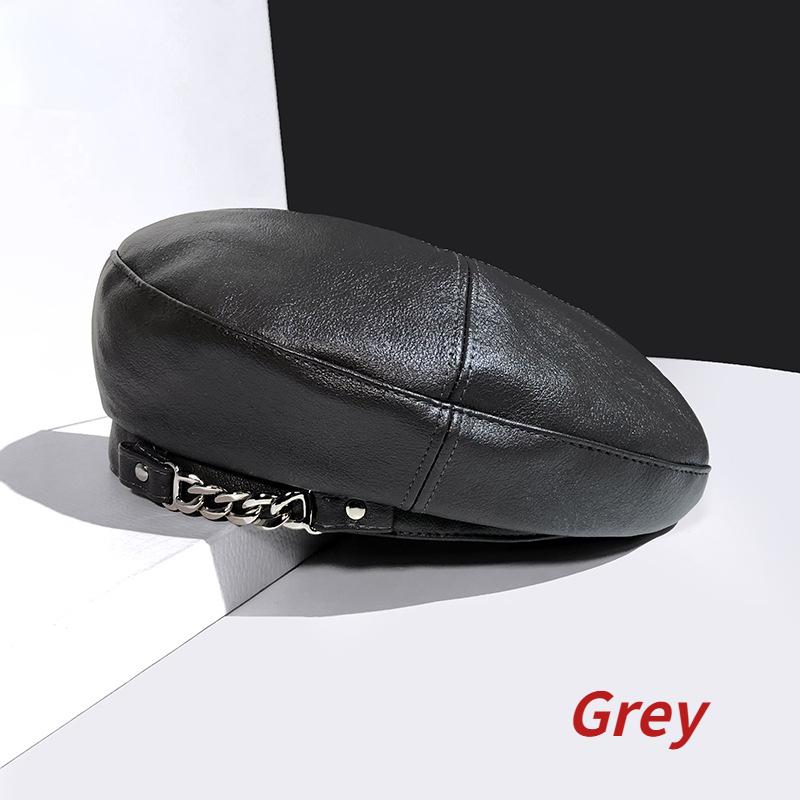Vintage Women's PU Leather Beret Cap with Chain French Artist Style Warm Beanie Hat Adjustable All-Match Female Ladies Accessory