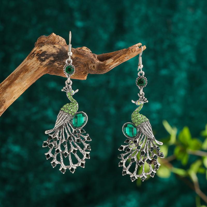 Blue Drop Oil Rhinestone Peacock Earrings for Women Ethnic Vintage Long Silver Color Geometric Animal Earrings Boho Jewelry Gift