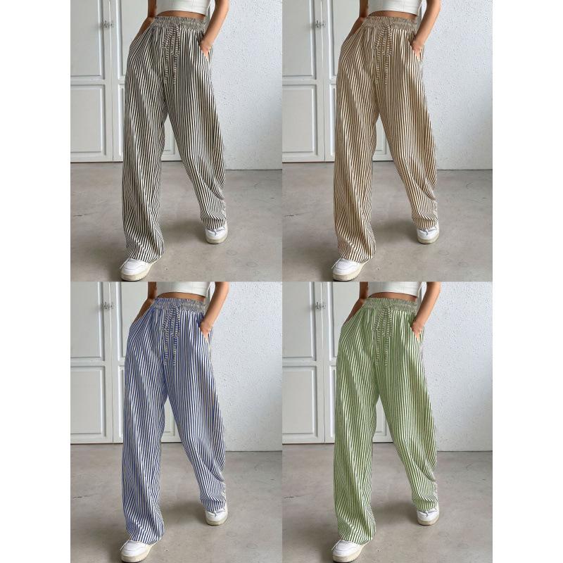Women's Mid Rise Striped Wide Leg Pants Casual Loose Straight Leg Trousers