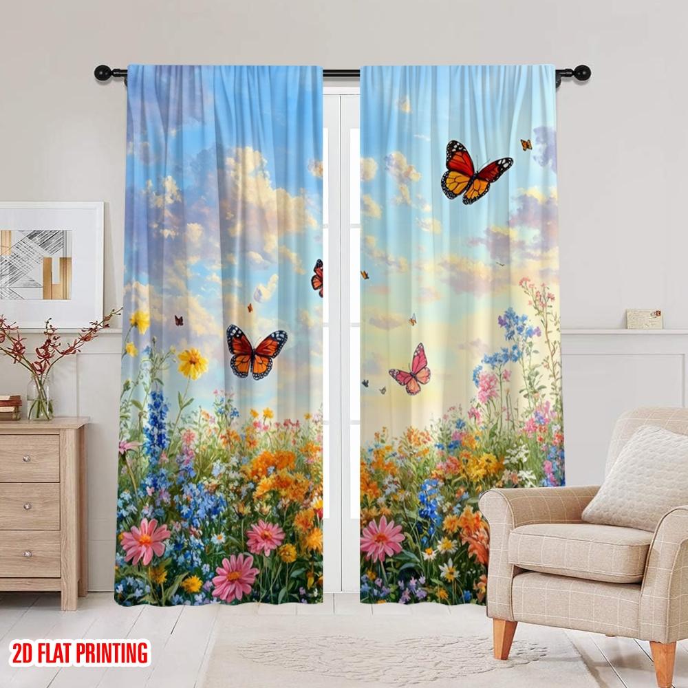 2Pcs,2D Plane Printing Curtains Fluttering Bliss Durable 100% Polyester Fabric (Without Rod) Home Decor Perfect For Bedroom,