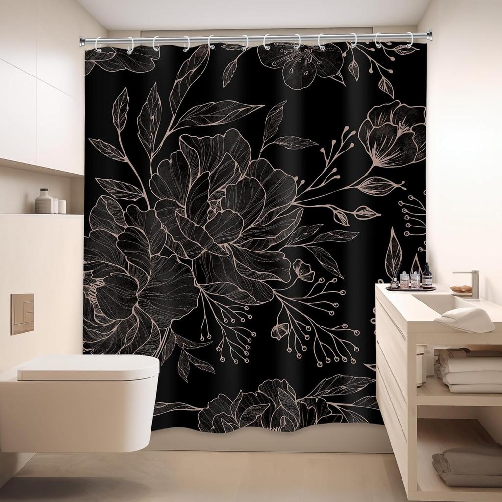 Black Peony Floral Shower Curtain Abstract Vintage Flower Blossom Plant Leaves Modern Elegant Women Cloth Fabric Waterproof