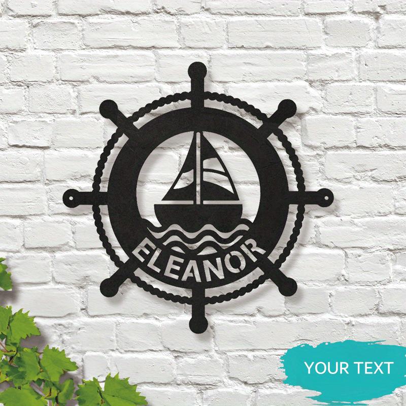 Nautical Metal Sign Sailboat Wall Decor Personalized Family Name Steering Wheel Anchor