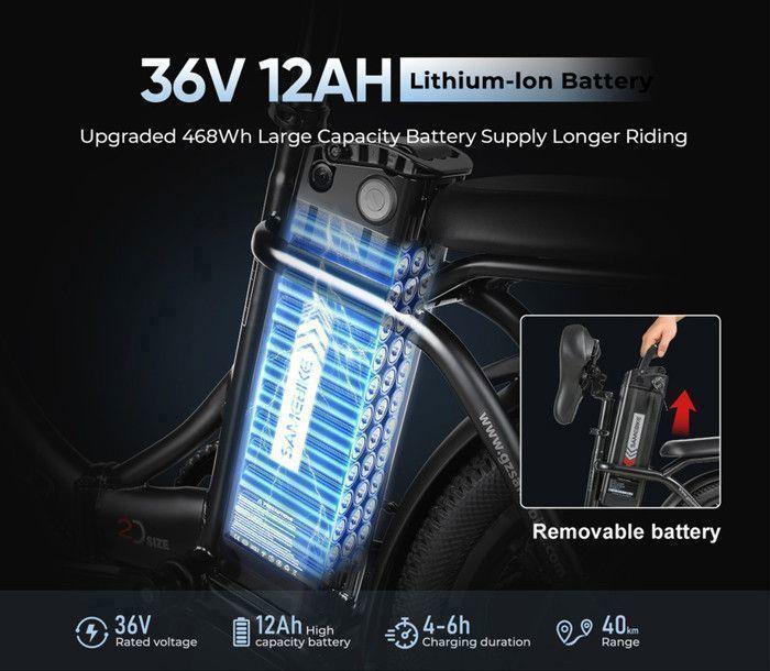 Samebike CY20 - Vélo électrique pliable 20" VAE - Moteur 350W Batterie Amovible 36V 12Ah - Autonomie 90km - Shimano 7 vitesses,Noir