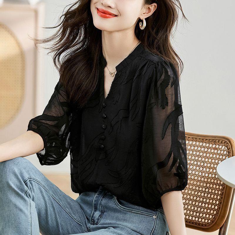 Women's Five Quarter Sleeved Chiffon Shirt Jacquard Summer New Fashionable Loose Shirt Top