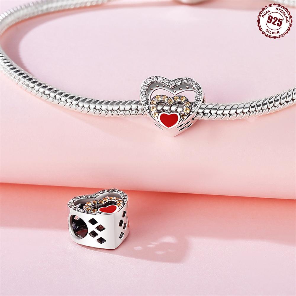 Beads Copper Charms Original Zircon Heart Hollow Beads Fit Bracelet Jewelry Diy Women Fine Gift Accessory