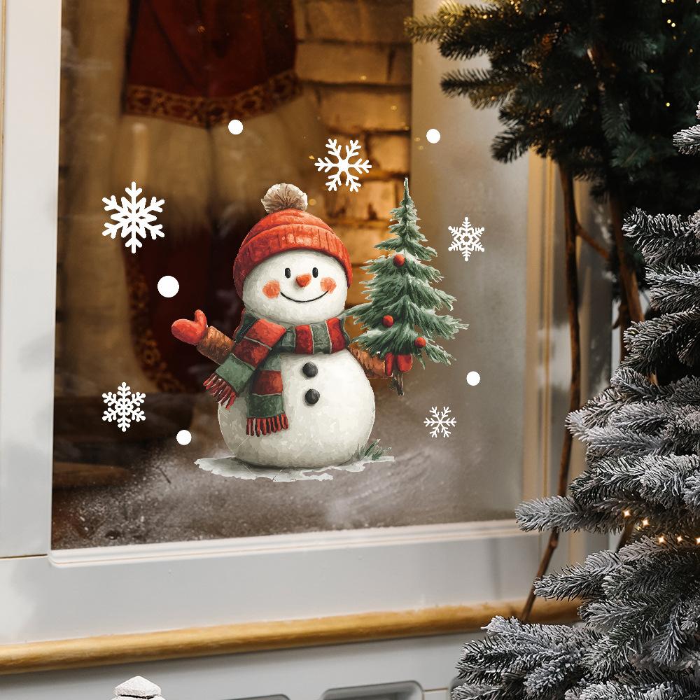 Cartoon Snowman and Christmas Tree Home Glass Window Beautification Stickers