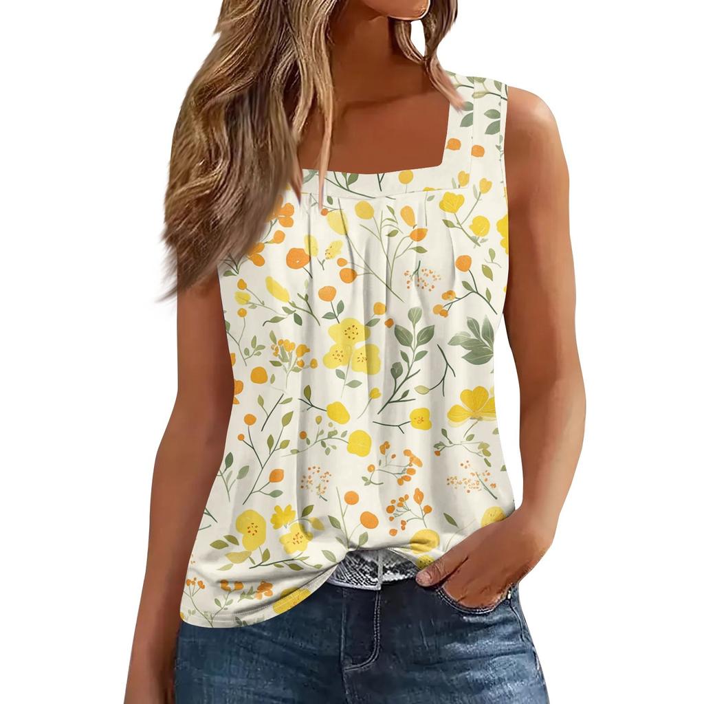 Women's Fashion Casual Pleated Square Collar Sleeveless Vest Print Summer T-shirt