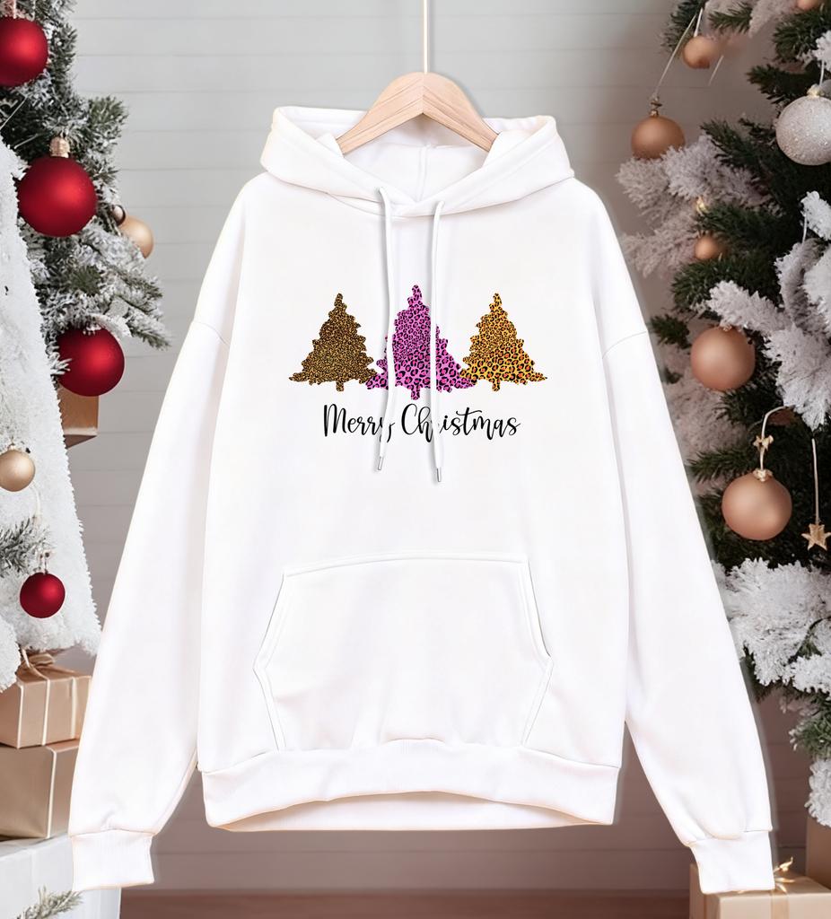 Merry Christmas Leopard Tree Printing Men Hoodie Fleece Soft Hoody Casual Multicolor Pullover Male Comfortable Loose Streetwear