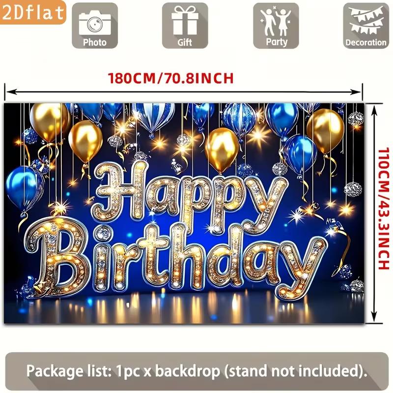 2D Blue Gold Happy Birthday Backdrop, Glitter Balloon Photography Background for Party