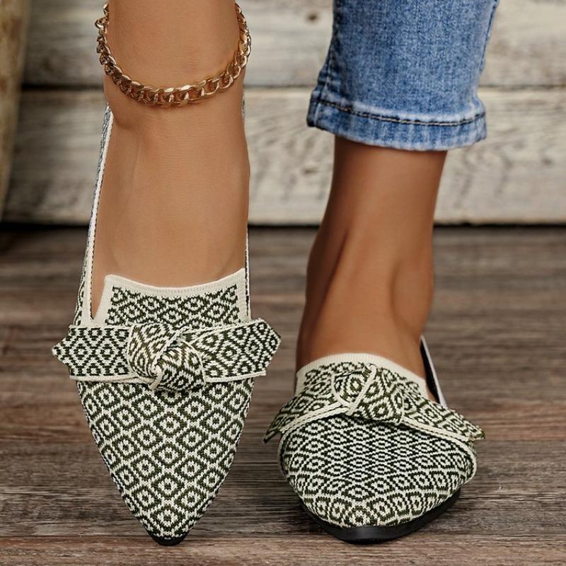 Knitted Plus Size Women's Shoes 2026 Spring Autumn Shallow Mouth Pointed Toe Flat Bottom Colorblock Mesh Breathable