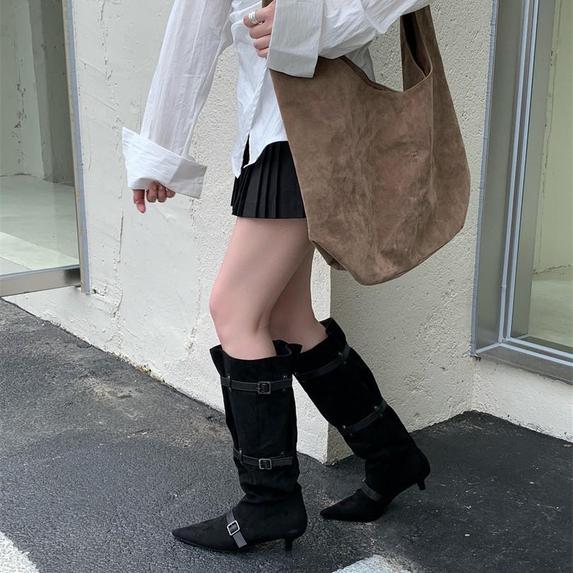 Pointed big tube around piled boots niche design retro western cowboy boots thick heel hot girl fashion sense long boots women