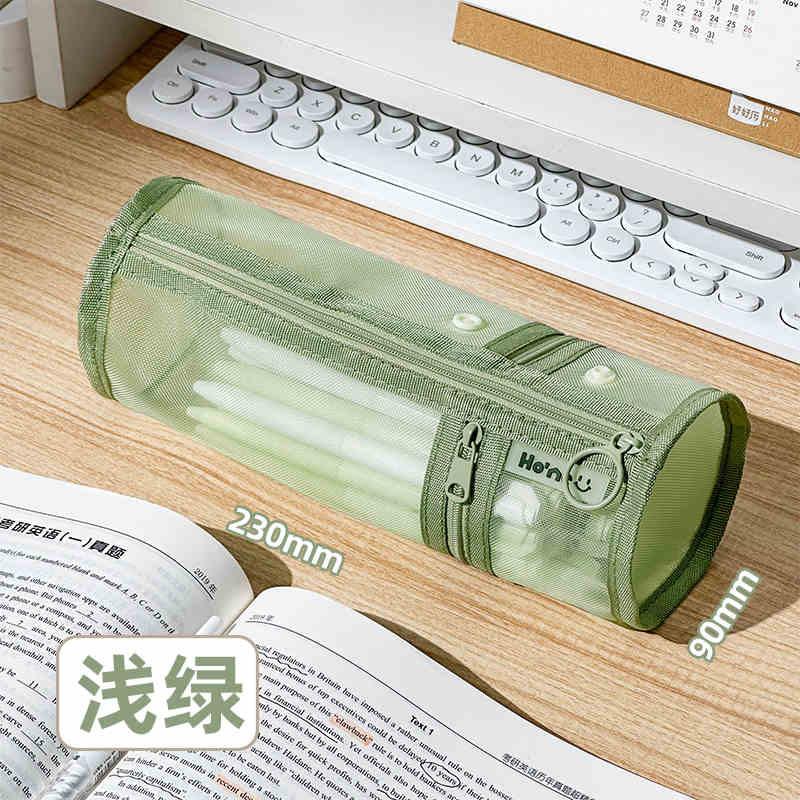 Minimalist Transparent Mesh Pencil Case Large Capacity Flip-Top Solid Color Pen Holder Portable Stationery Storage Bag