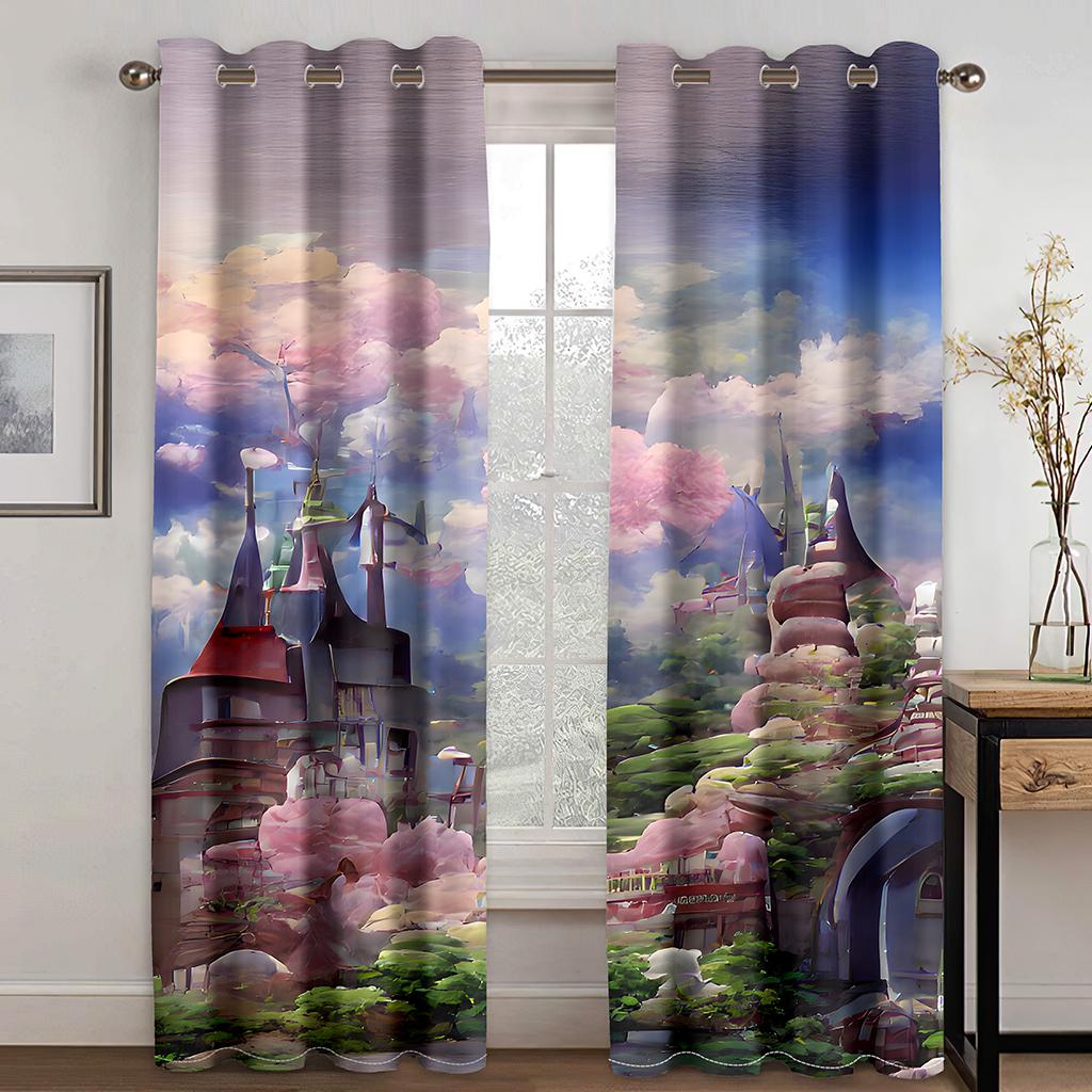 3D Cartoon Dream Castle Curtains Plant Floral Curtains 2PCS Kids Room Girls Room Living Room Bedroom Balcony Study Room Decor
