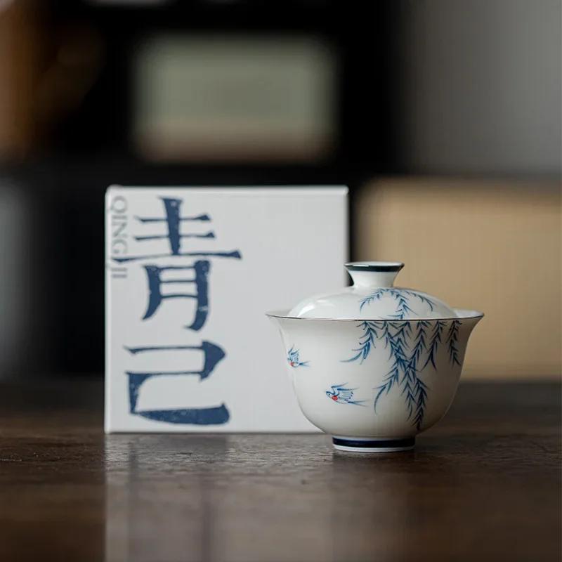 Hand Painted Willow Birds Jade Porcelain Gaiwan For Tea Tureen Teaware Cup Chinese Tea Bowls Chawan Tea Ceramony Kung Fu Tea Set