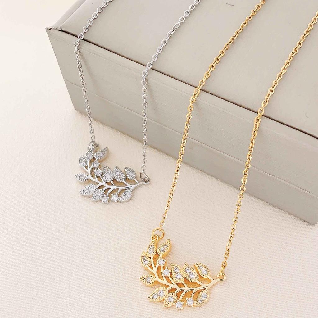 PTTOZAN Gold Plated Leaves Pendant Necklace Women Titanium Steel Necklace Full Zircon Summer Party Jewelry