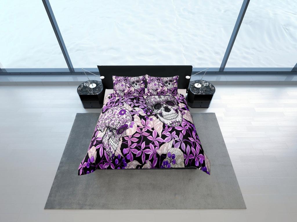 Purple Floral Skull Print Duvet Cover Set, Aesthetic Bedroom Set, Gothic Dorm Bedding, Skull Quilt Cover, Black Bedspread, Gorgeous bed set