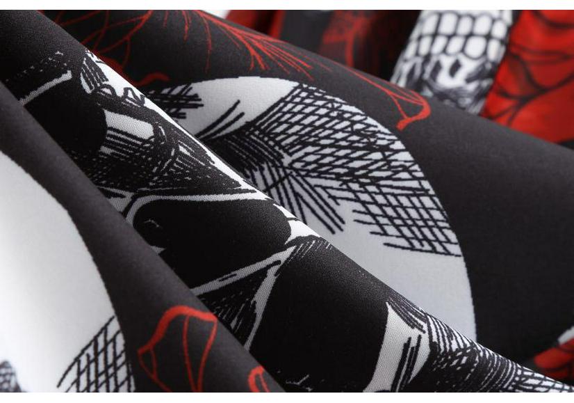 2021 Halloween Skull Print V-Neck Burnout Long-Sleeve Flared Dress with Ribbon