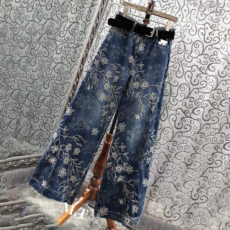 Blue Retro Commuter Embroidered Jeans, Winter High-waisted Niche Fashion Fleece Thickened Straight-leg Pants