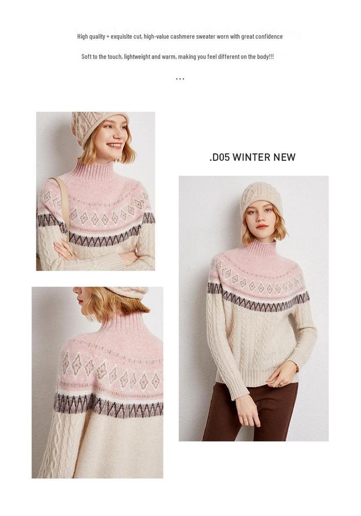 Women's Retro Thickened High Neck Cashmere Jacquard Pullover Sweater for Autumn/Winter