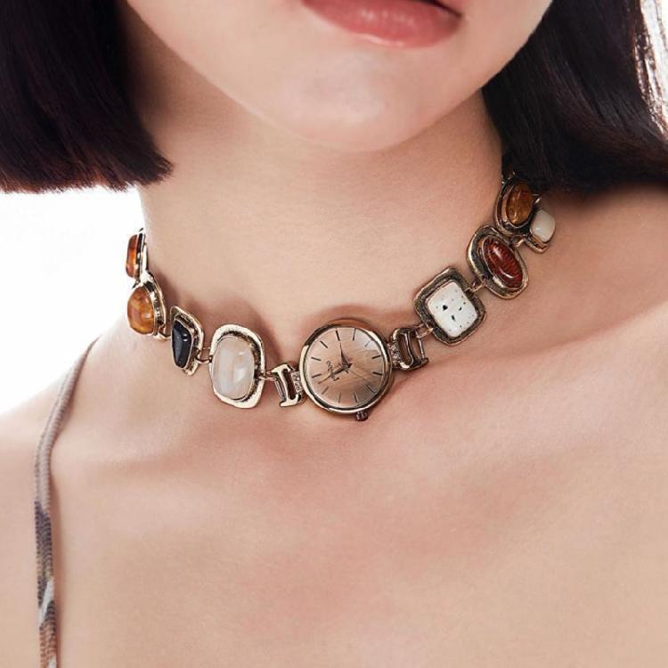 Alloy Clock Pendant Necklace Adorned with Gemstones Watch Pendant Spliced Necklace Suitable for a Touch of Elegances