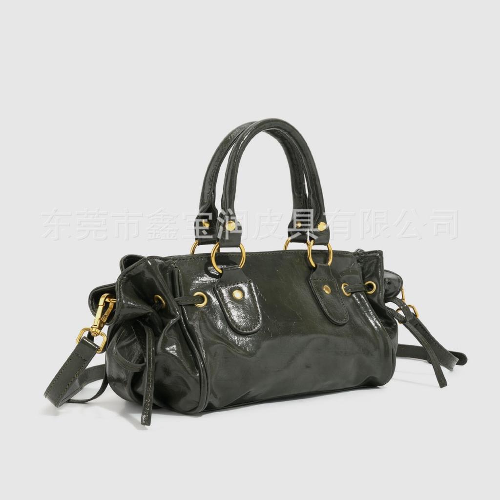 Rivet Oil Wax Leather Handbag, Fashionable Drawstring Bow, Single Shoulder Crossbody Bag, Pleated Women's Bag