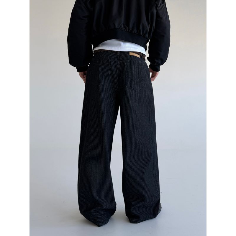 Cabbage Coke American Retro Trendy Brand A-Line Striped Wide-Leg Jeans for Men, Loose Casual Design Straight-Leg Pants