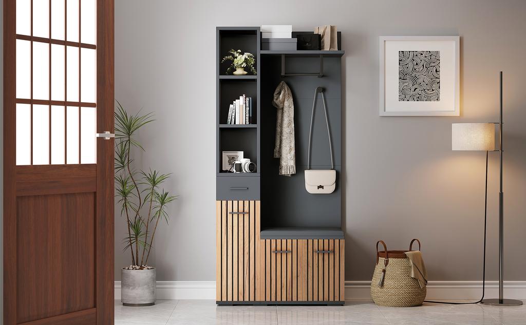 Armadio Compatto 80*35*175cm, Mobiletto Portaoggetti con 2 Ganci Appendiabiti, Mobiletto da Ingresso, Appendiabiti con Panca per Scarpe, Armadietto Imbottito, Colore Nero + Legno