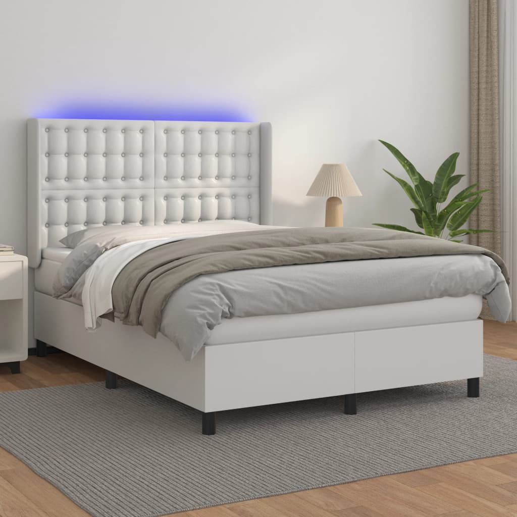 Vidaxl Łóżko Kontynentalne Z Materacem I Led, Biała Ekoskóra 140X190Cm