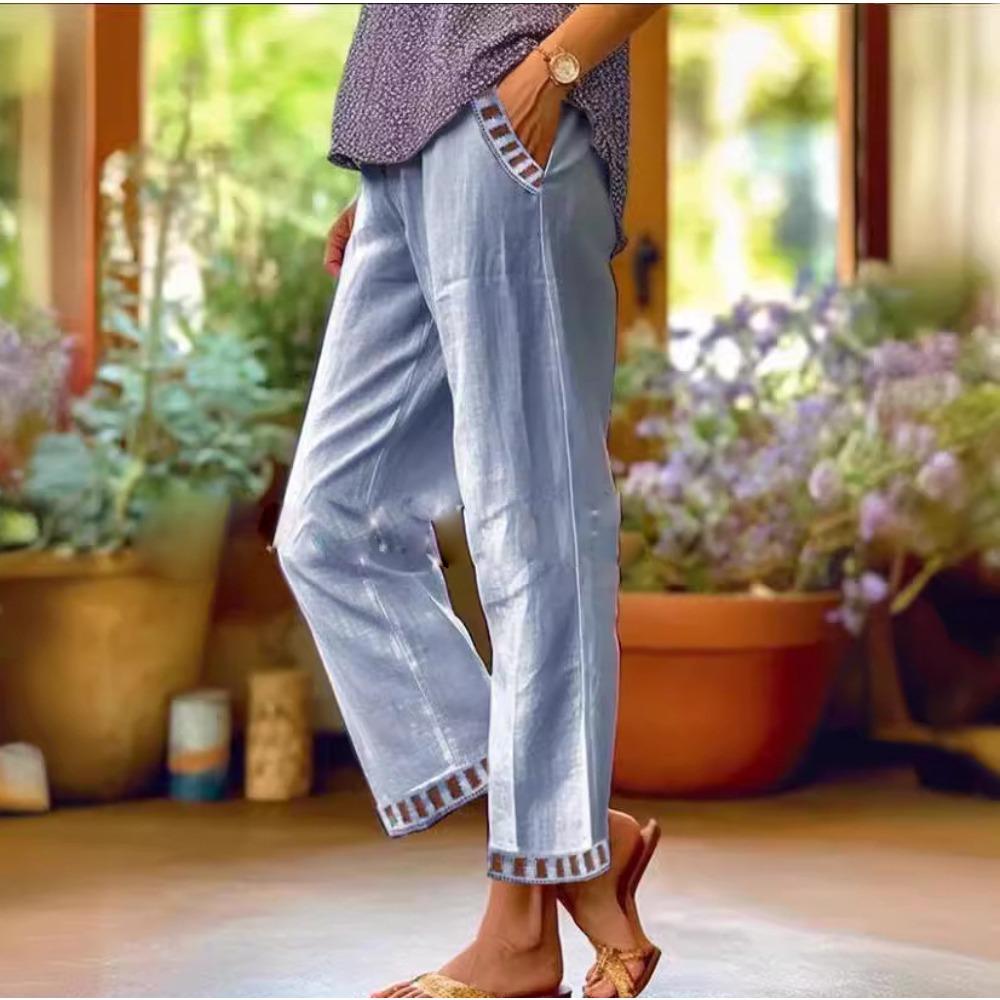 

Винтажные повседневные брюки из хлопка и льна с эластичной талией и праздничным дизайном 3XL