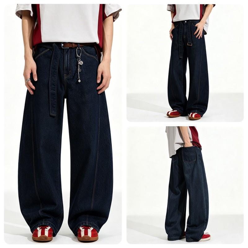 Men Women Straight Cut Denim Pants Deep Blue Washed Cotton Low Rise Casual Trousers
