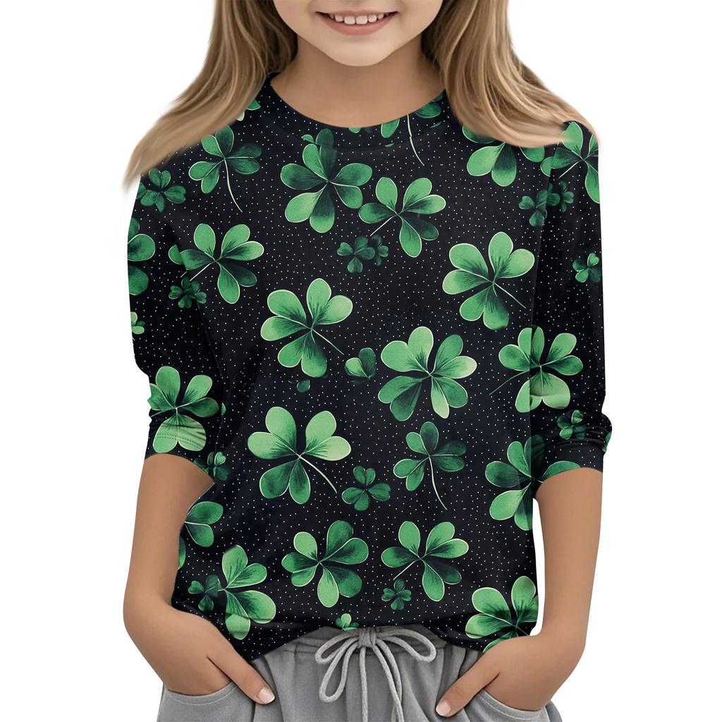 St. Patrick's Day Print Tops For Youth Girls 4-11 Years Round Neck 3/4 Sleeves T-Shirts Trendy Tops Outfit Tees
