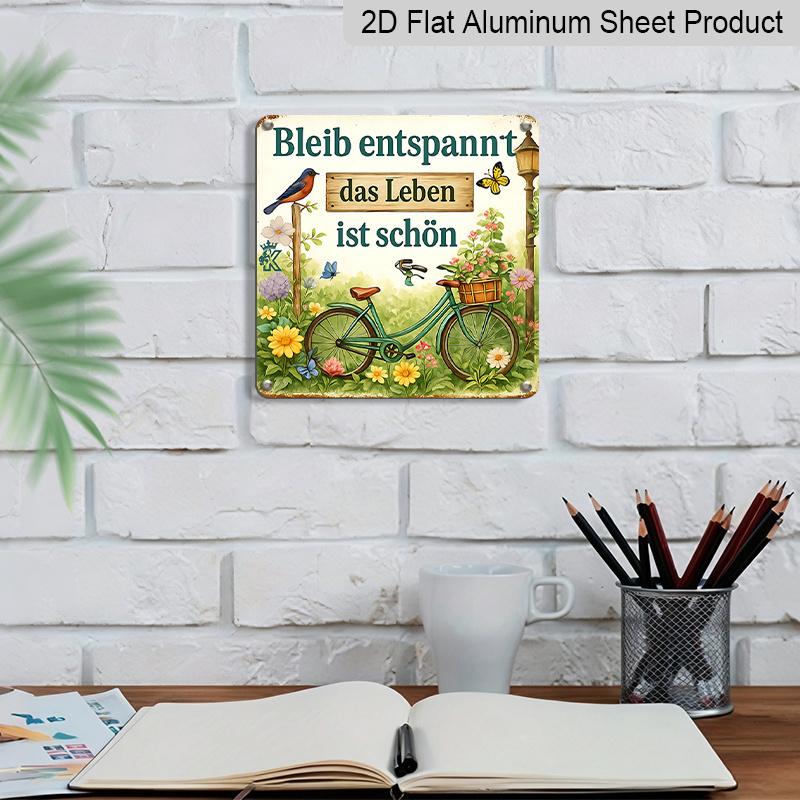 2D Flat 1pc, Vintage Aluminium Sign - Rustic Garden and Bicycle Decorative Plaque with Floral and Bird Designs, German Text, Wall-mounted Artwork